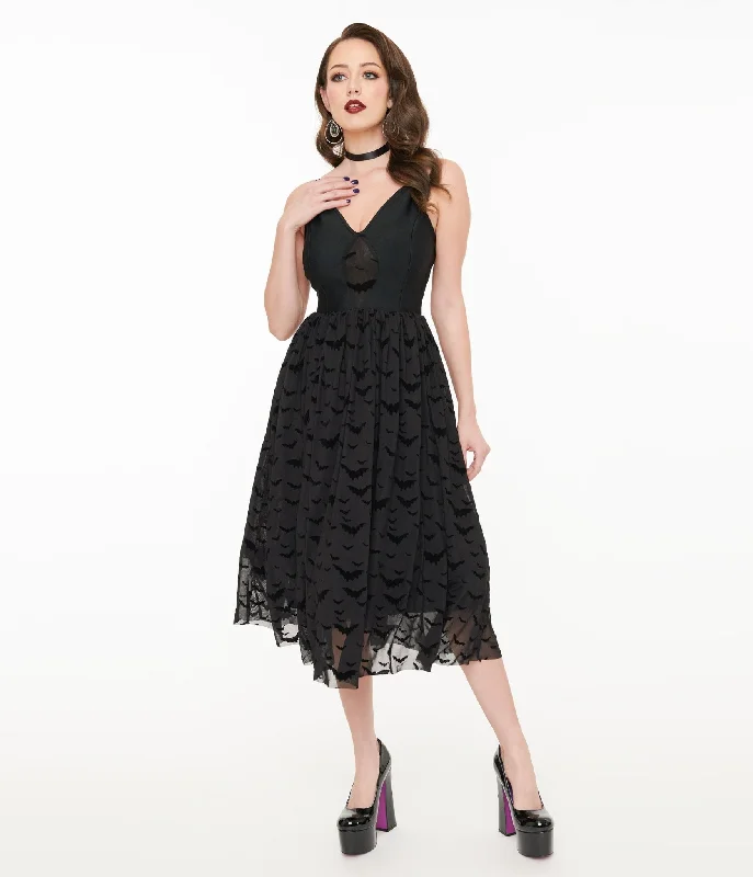 Women's flare dress party -Witchwood Bags Black Velvet Bat Fit & Flare Dress