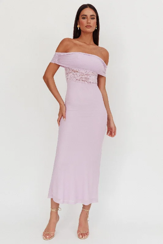 ladies-maxi-dress-turquoise-flow-Flutters Off-Shoulder Lace Insert Maxi Dress Lilac