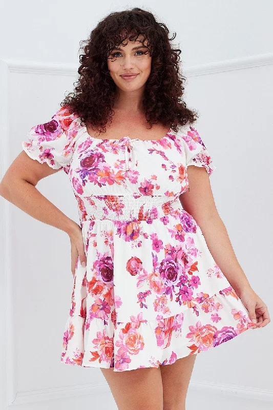 Women's flare dress a-line -Pink Floral Fit And Flare Dress Short Sleeve Shirred Waist