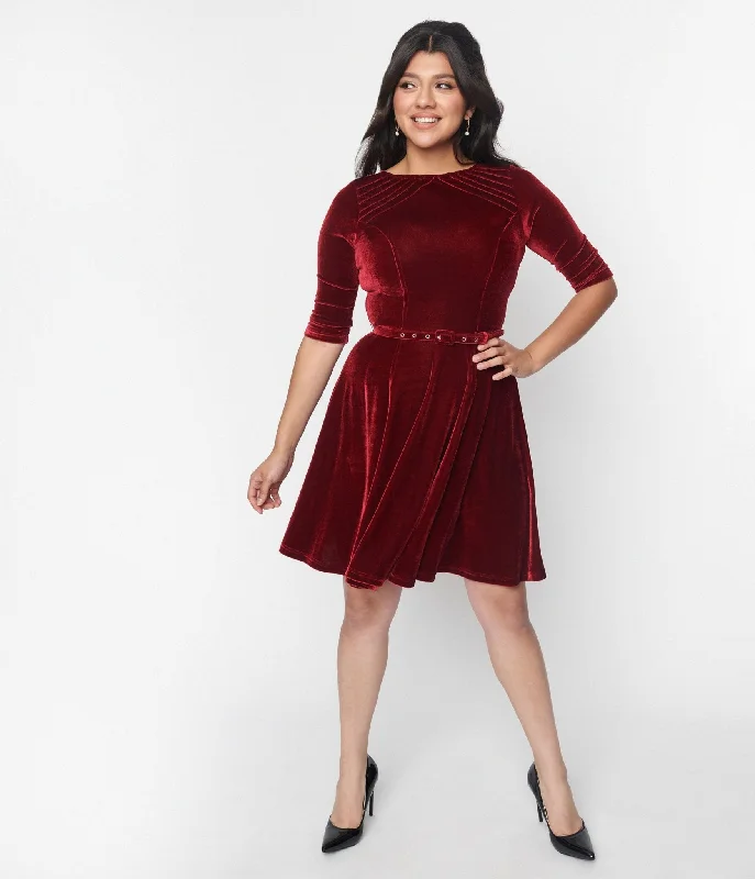 Women's flare dress edgy -Unique Vintage Burgundy Velvet Stephanie Fit & Flare Dress