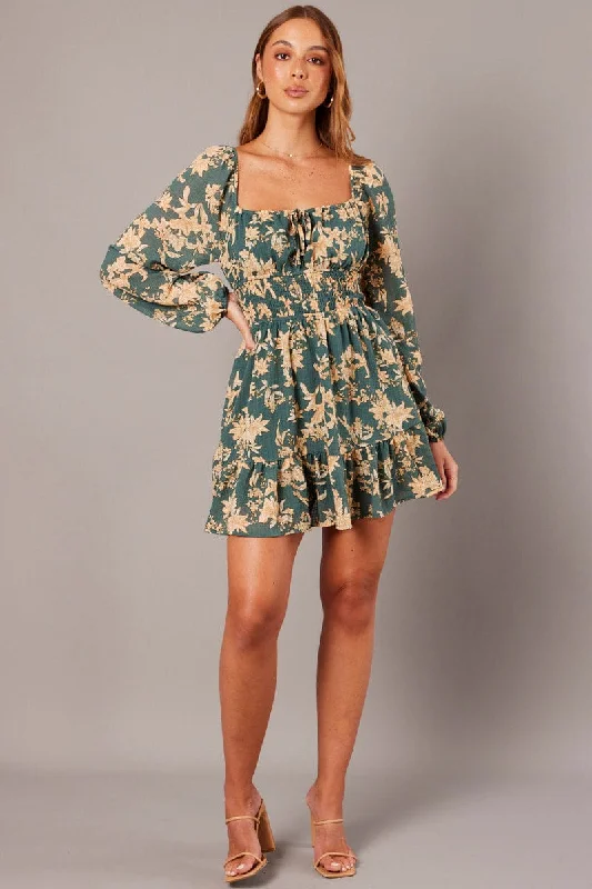 Women's flare dress wedding guest -Green Floral Fit and Flare Dress Long Sleeve Ruched Bust