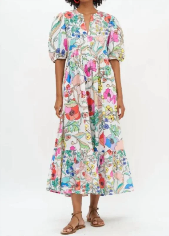 ladies-maxi-dress-date-night-drape-Puff Sleeve Maxi Dress In Multi Zinnia