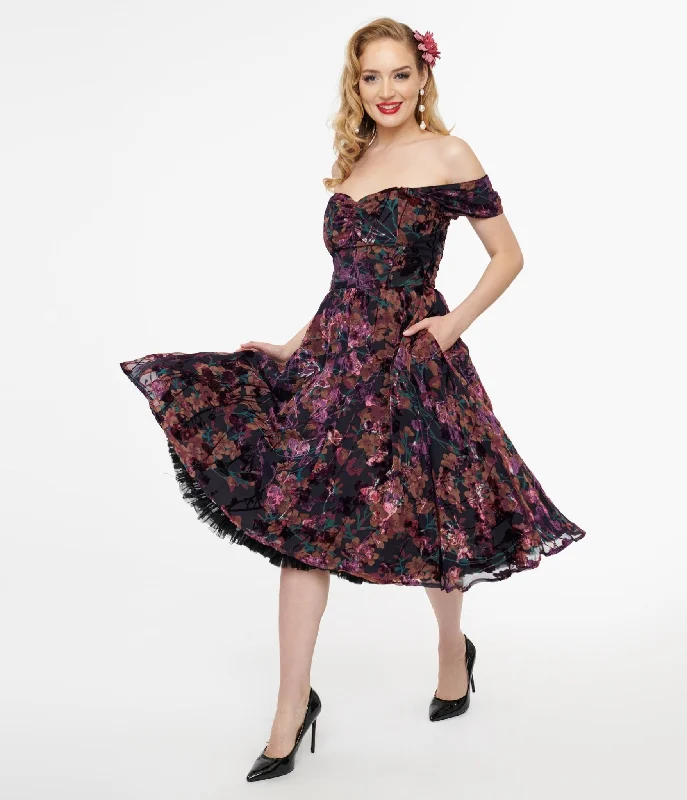 Women's flare dress event -Unique Vintage 1950s Purple Floral Velvet Burnout Off Shoulder Flare Dress