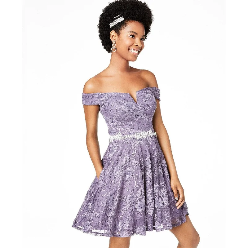 Women's flare dress vacation -City Studios Juniors' Off-The-Shoulder Lace Fit & Flare Dress Purple Size 1