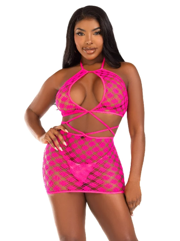 ladies-mini-dress-off-shoulder-vibe-Keyhole Halter Hardcore Ney Mini Dress in Neon Pink