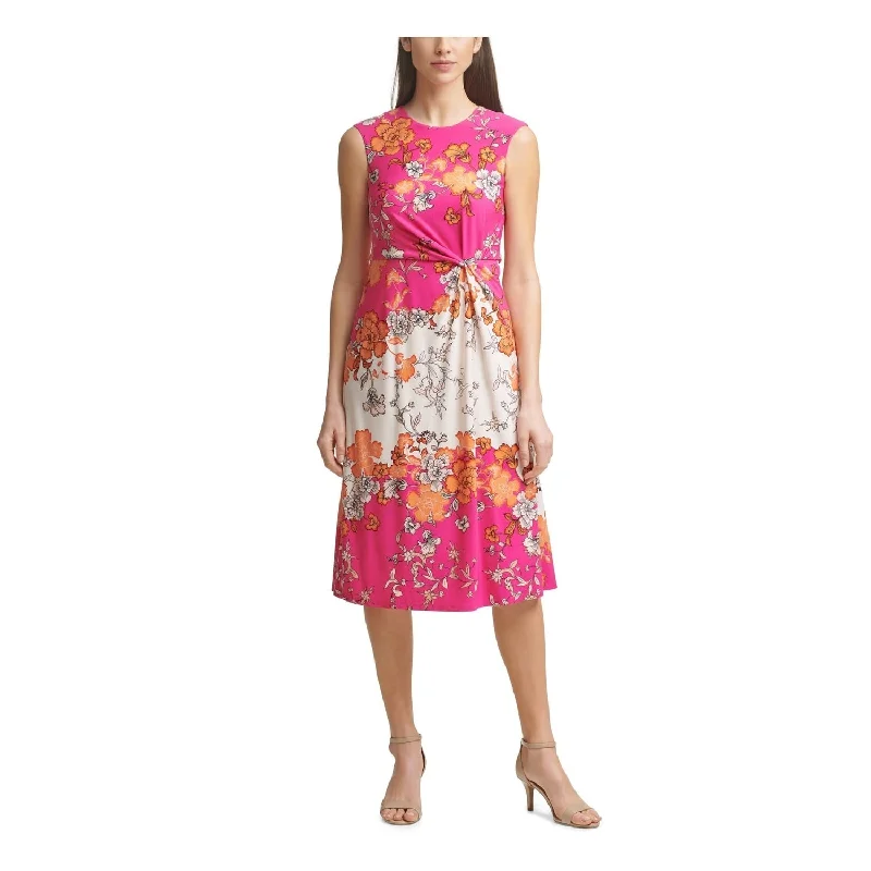 Women's flare dress short -Vince Camuto Women's Floral Mix Print Knot Waist Fit & Flare Midi Dress Pink Size 6