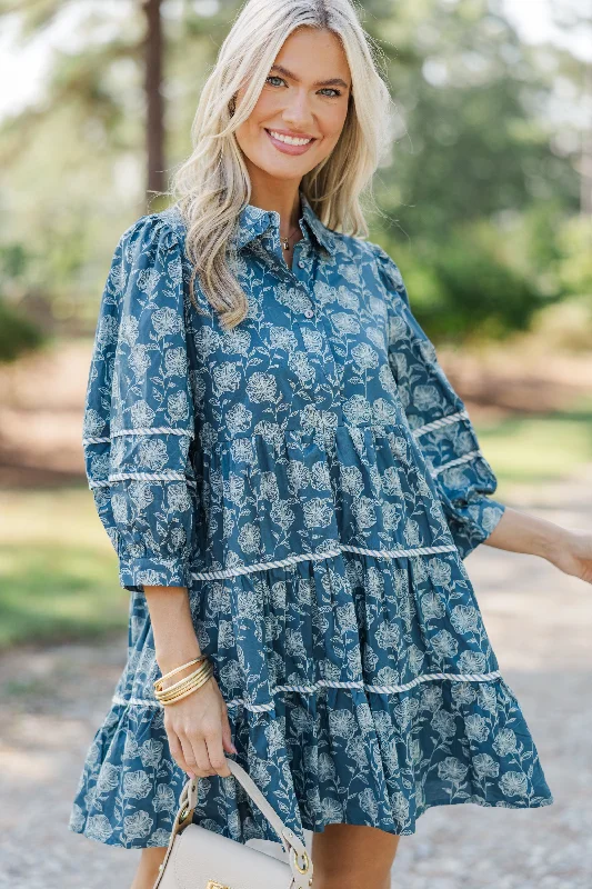 Women's floral dress Fourth of July -Leave It All Behind Blue Floral Dress