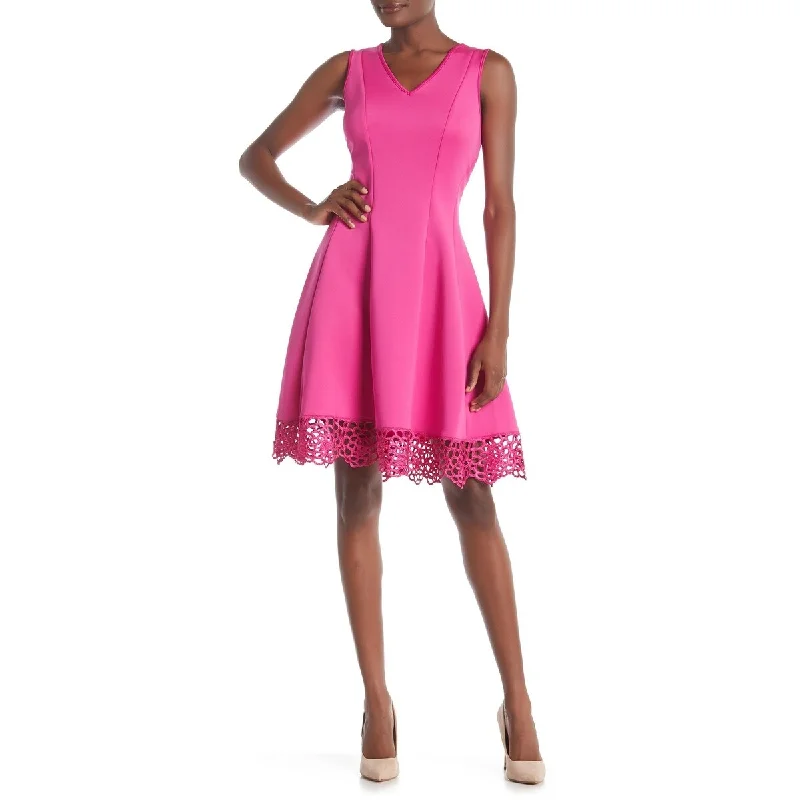 Women's flare dress keyhole -Donna Ricco Women's V-Neck Crochet Hem Fit and Flare Dress Fuchsia Size 12