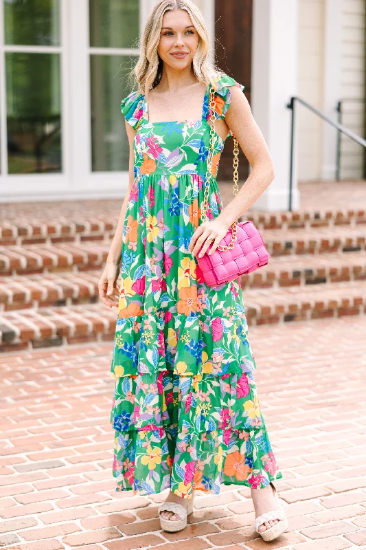 Women's floral dress tassel -Let's Get Away Kelly Green Floral Maxi Dress