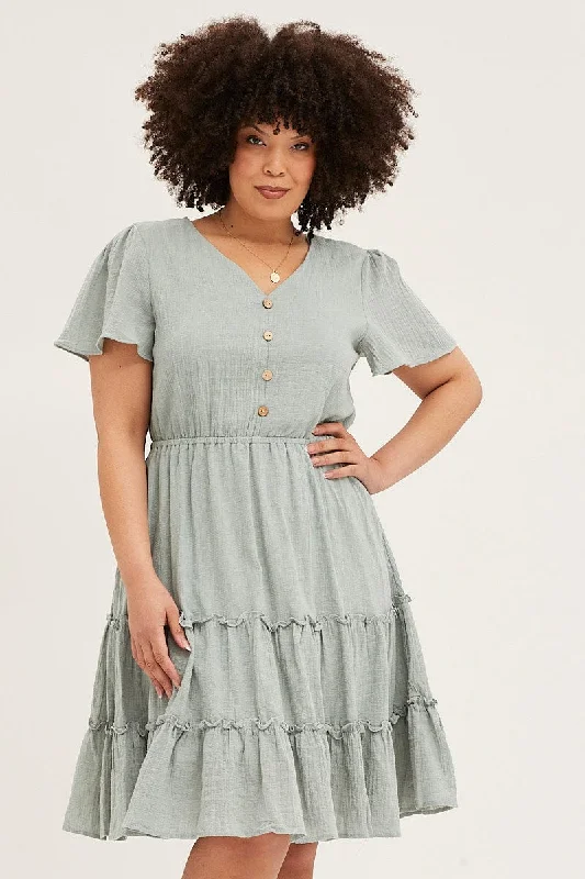 Women's flare dress tassel -Green Fit And Flare Dress Short Sleeve Button Front