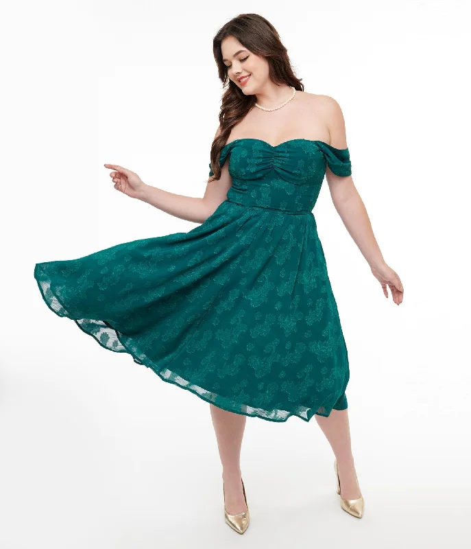 Women's flare dress tropical vibe -Unique Vintage 1950s Teal Jacquard Off Shoulder Flare Dress