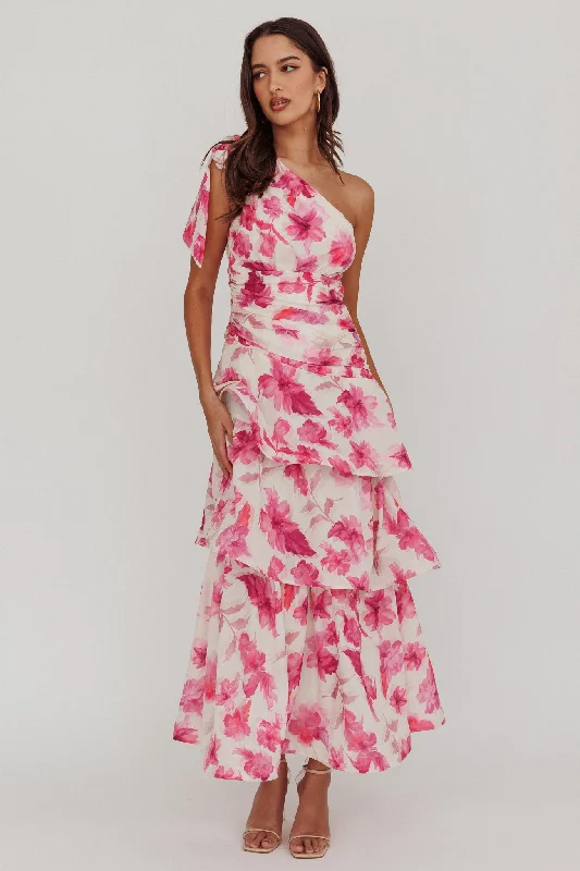 ladies-maxi-dress-statement-flow-Kenny One Shoulder Tiered Floral Maxi Dress Pink