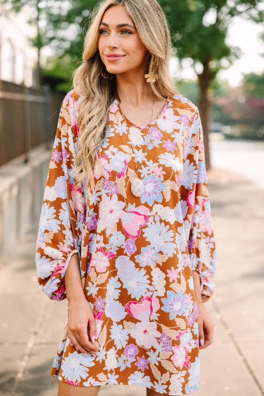 Women's floral dress mini -Loud And Clear Brown Floral Bubble Sleeve Dress