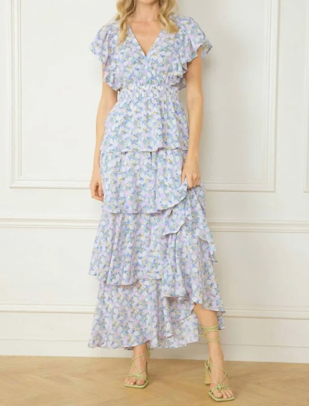 ladies-maxi-dress-lapis-drift-V-Neck Tiered Maxi Dress In Blue Floral Print