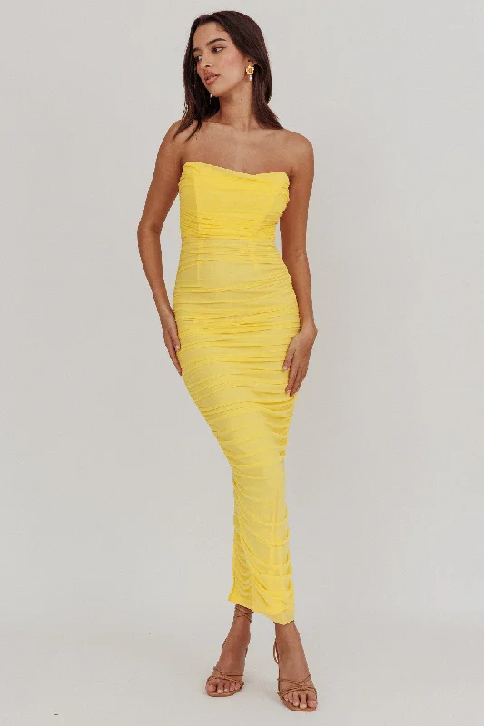 ladies-maxi-dress-structured-flow-Midwest Strapless Gathered Mesh Maxi Dress Lemon