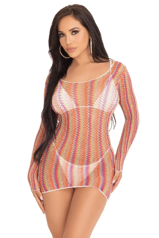 ladies-mini-dress-plus-size-sass-Zig Zag Rainbow Net Long Sleeve Mini Dress