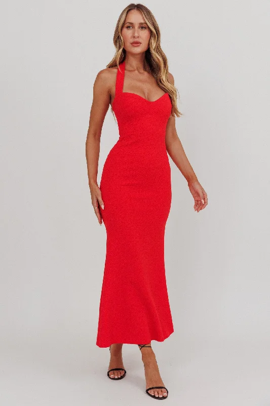 ladies-maxi-dress-satin-drape-Fire Of Stars Halterneck Maxi Dress Red