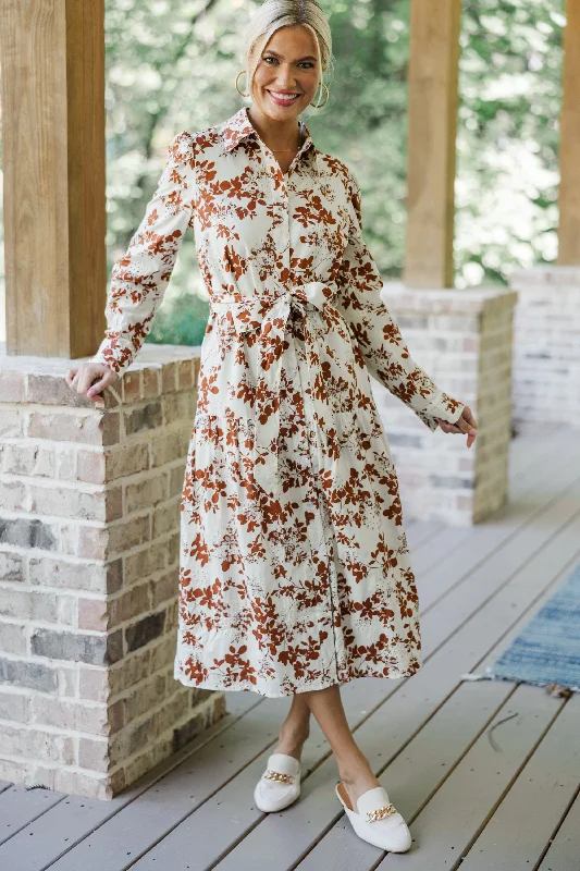 Women's floral dress edgy -Fate: On Call Ivory/Brown Floral Midi Dress