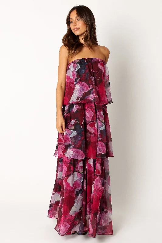 ladies-maxi-dress-salmon-drift-Bloom Strapless Maxi Dress - Purple Floral