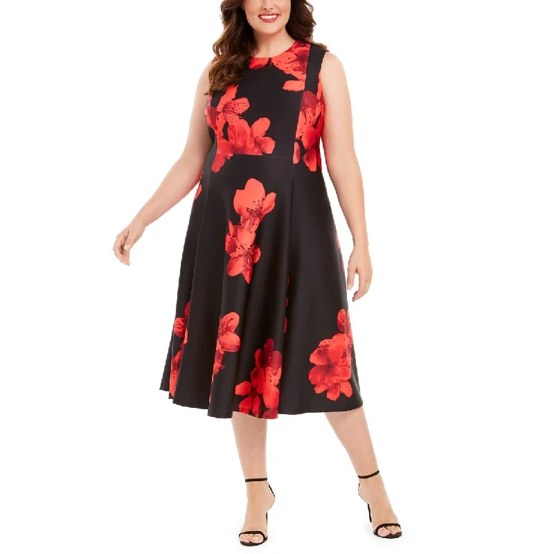 Women's flare dress belted -Calvin Klein Women's Floral-Print Fit & Flare Dress Red Size 20W