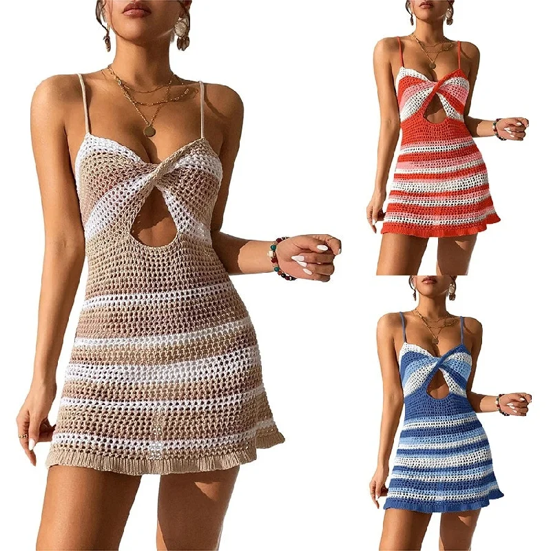 ladies-mini-dress-matte-mood-Women Knitted Summer Stripes Twisted Crochet Mini Dress For Beach Cocktail Nightclub