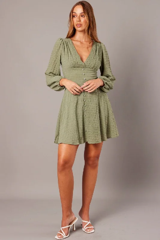 Women's flare dress keyhole -Green Fit And Flare Dress Long Sleeve