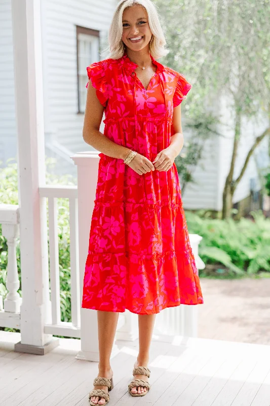 Women's floral dress peony -Show You Off Red Floral Midi Dress