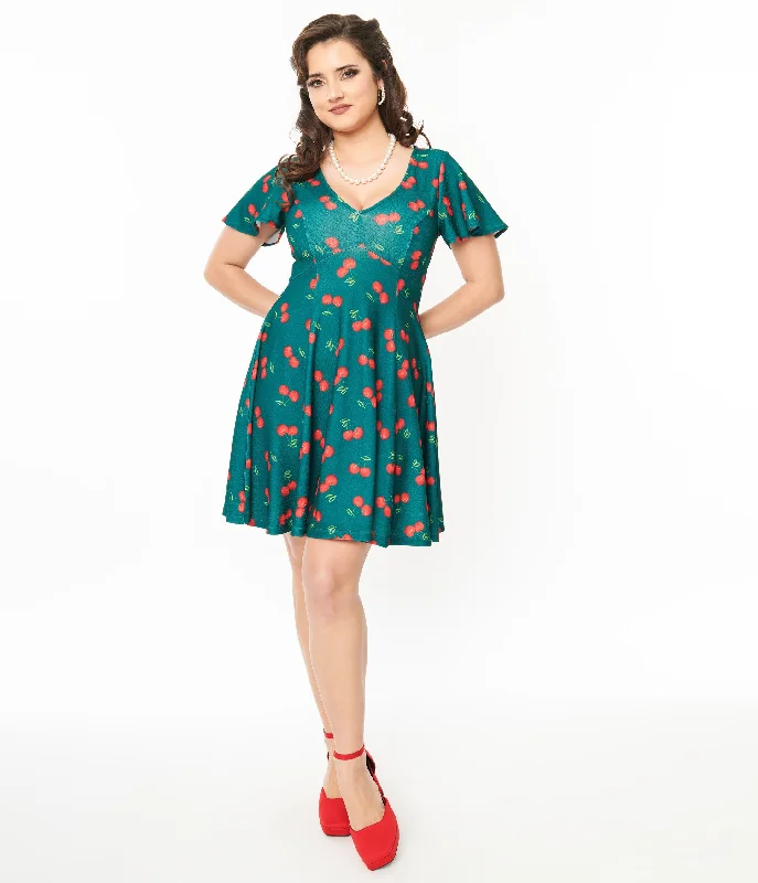 Women's flare dress Valentine -Unique Vintage 1950s Emerald & Cherry Print Poppy Flare Dress