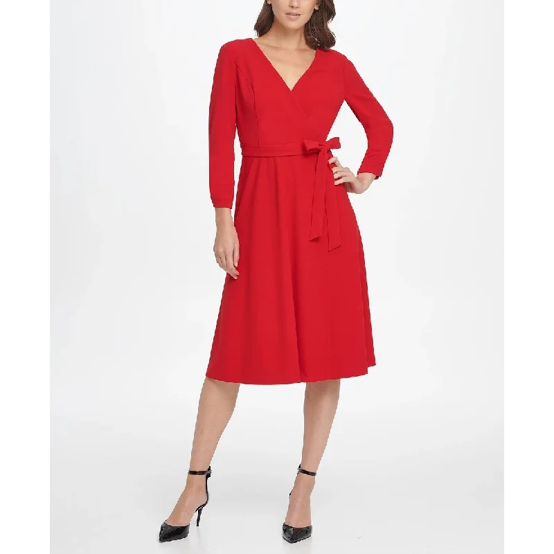 Women's flare dress bachelorette -DKNY Women's Ruched Sleeve Surplice Fit & Flare Dress Red Size 16