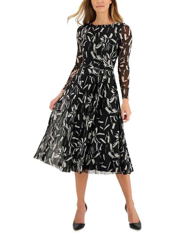 Women's midi dress printed -Womens Sheer Printed Midi Dress