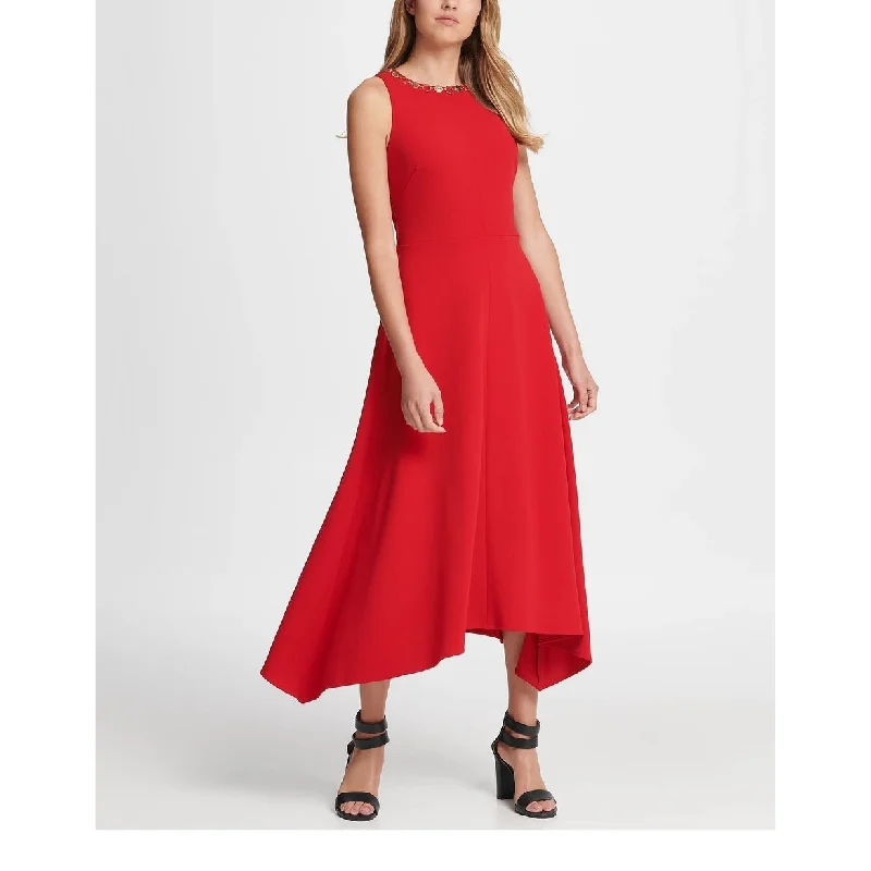 Women's flare dress business casual -DKNY Women's Sleeveless Jewel Neck Knee Length Fit Flare Wear To Work Dress Red Size 4