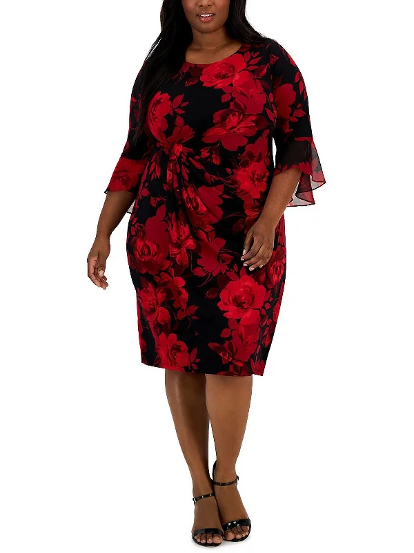 Women's midi dress floral -Plus Womens Floral Print Midi Sheath Dress