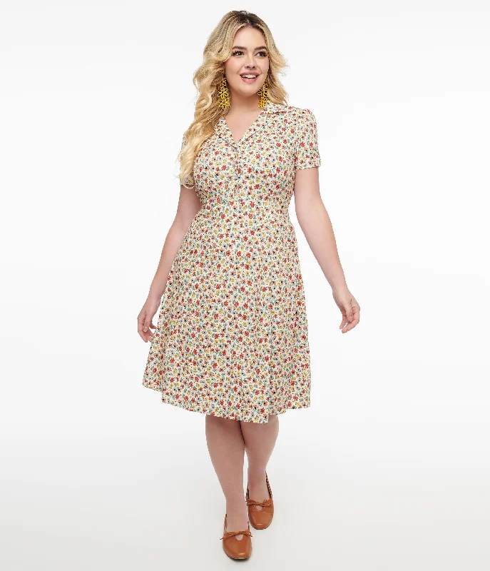 Women's flare dress black -1950s Cream & Multicolor Floral Fit & Flare Dress