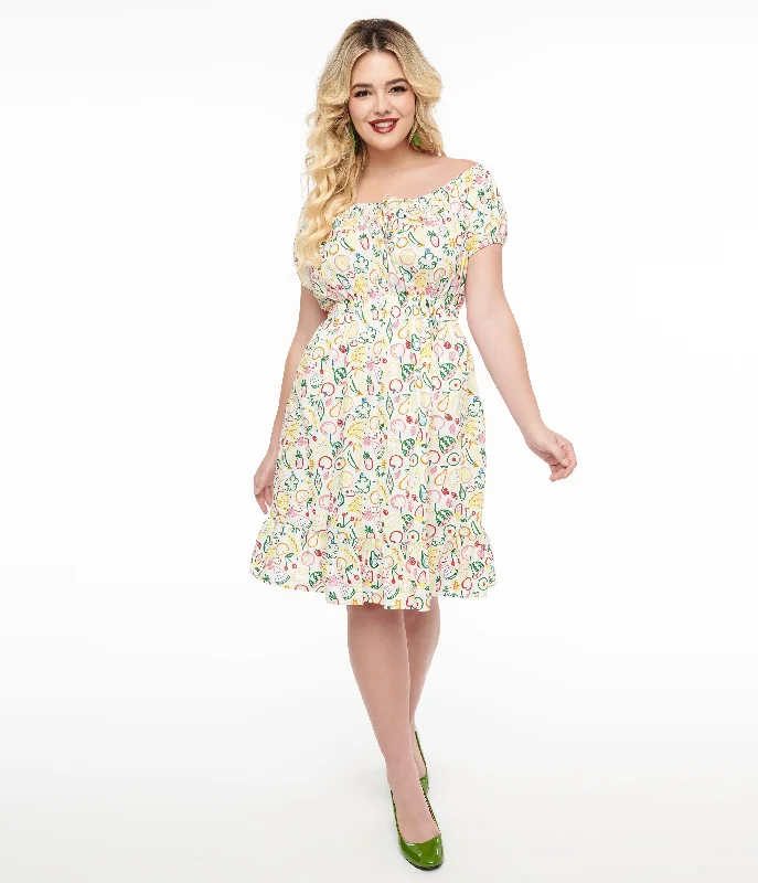 Women's flare dress sunset -1950s White & Rainbow Fruit Print Fit & Flare Dress