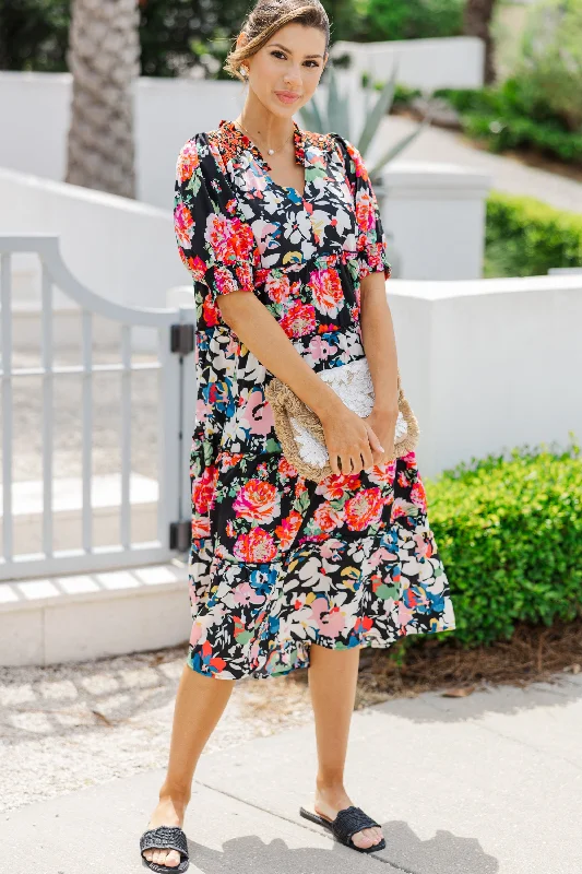 Women's floral dress flared sleeve -Just A Dream Black Floral Midi Dress