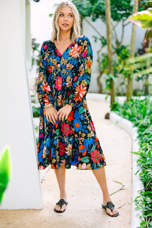 Women's floral dress party -It's All You Black Floral Midi Dress