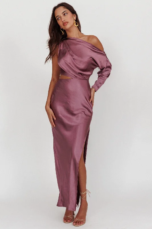 ladies-maxi-dress-cold-shoulder-drama-See You Again One Sleeve Maxi Dress Grape