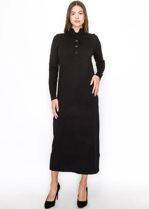 Women's midi dress romantic -Black Knit Midi Dress with Button Detail