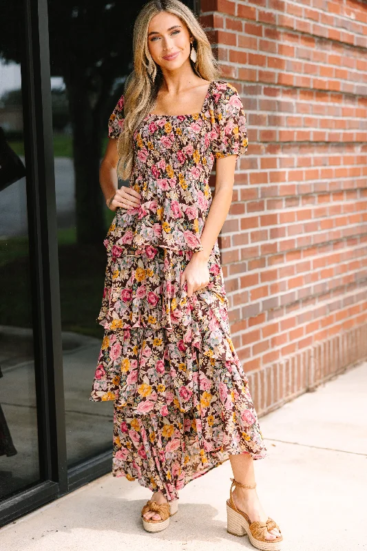 Women's floral dress casual elegance -Fab Days Ahead Brown Floral Maxi Dress