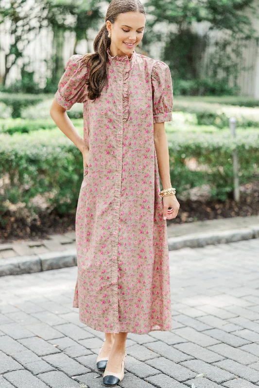 Women's floral dress 80s style -Living In A Fairy Tale Camel Brown Ditsy Floral Midi Dress