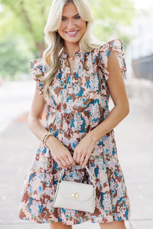 Women's floral dress round neck -At This Time Brown Floral Dress