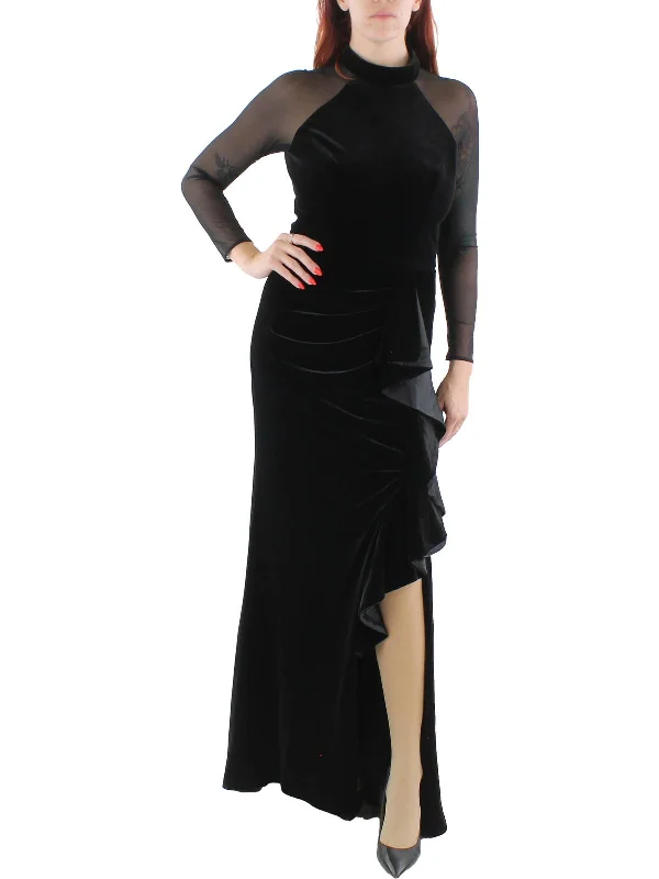 ladies-maxi-dress-high-neck-chic-Womens Velvet Maxi Evening Dress