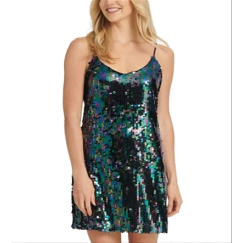 Women's flare dress casual elegance -Dkny Women's Sequined Spaghetti Strap V Neck Short Cocktail Fit Flare Dress Green Size Medium