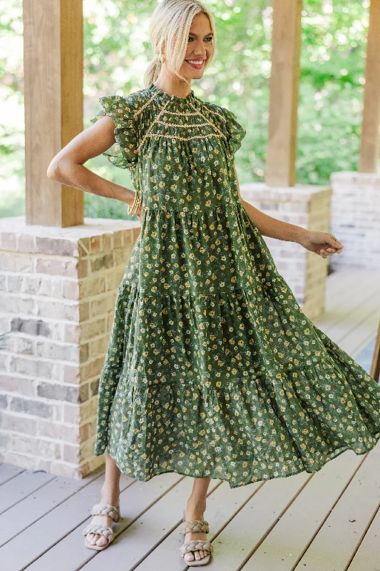 Women's floral dress destination wedding -Better Than Ever Olive Green Ditsy Floral Midi Dress