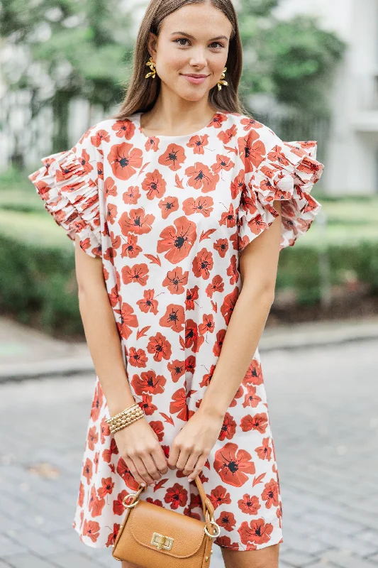 Women's floral dress ruched -What A Vision Rust Orange Floral Ruffled Dress