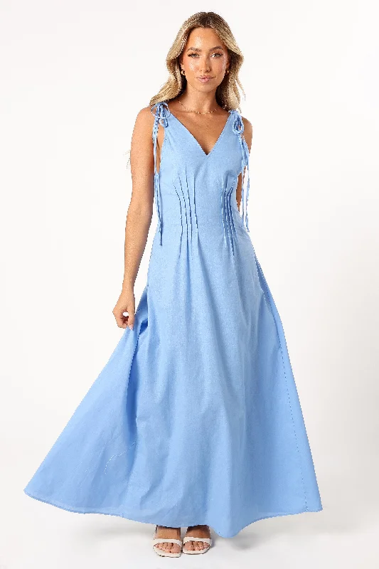 ladies-maxi-dress-short-sleeve-flow-Lainey Tie Maxi Dress - Blue