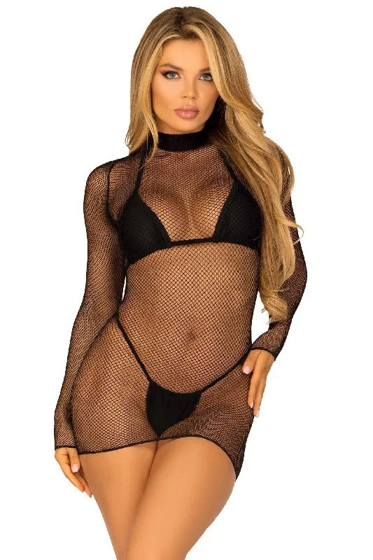 ladies-mini-dress-umber-unique-Ultra Net Long Sleeved High Neck Mini Dress