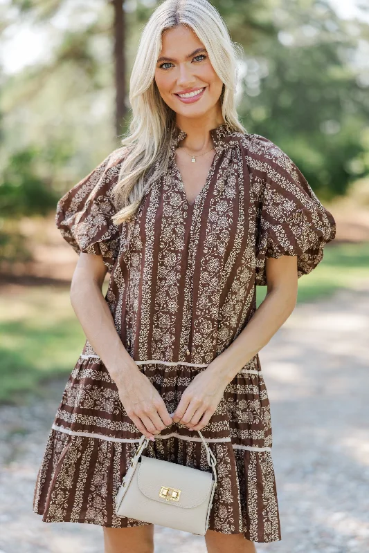 Women's floral dress green -Easy Romance Brown Floral Dress