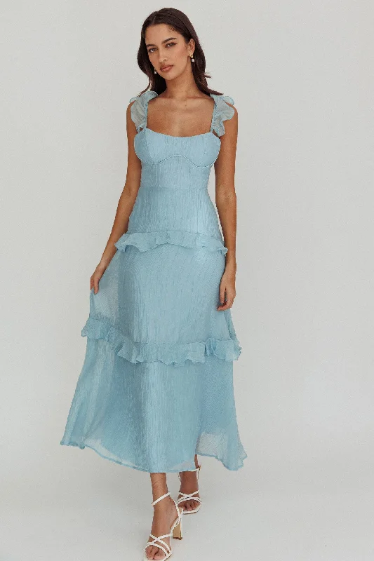 ladies-maxi-dress-high-waist-chic-Moonlit Moment Ruffle Trim Lace-Up Back Maxi Dress Blue