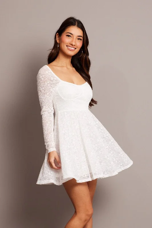 Women's flare dress evening -White Fit And Flare Dress Long Sleeve Lace